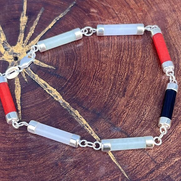 Sterling Silver 925 Semiprecious Stones Link Bracelet Jade, Onyx, Red Jasper - Picture 2 of 9